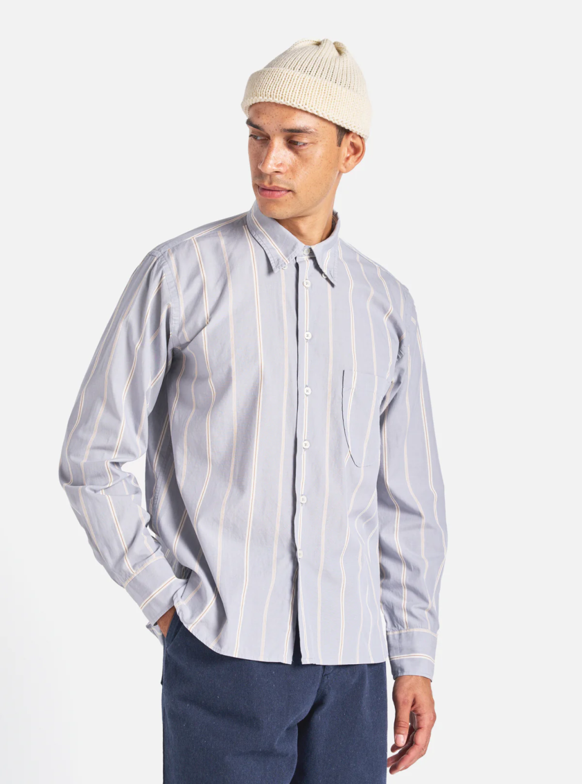 Universal Works Lazy Day Shirt Camicia a righe Blue Sidney Stripe